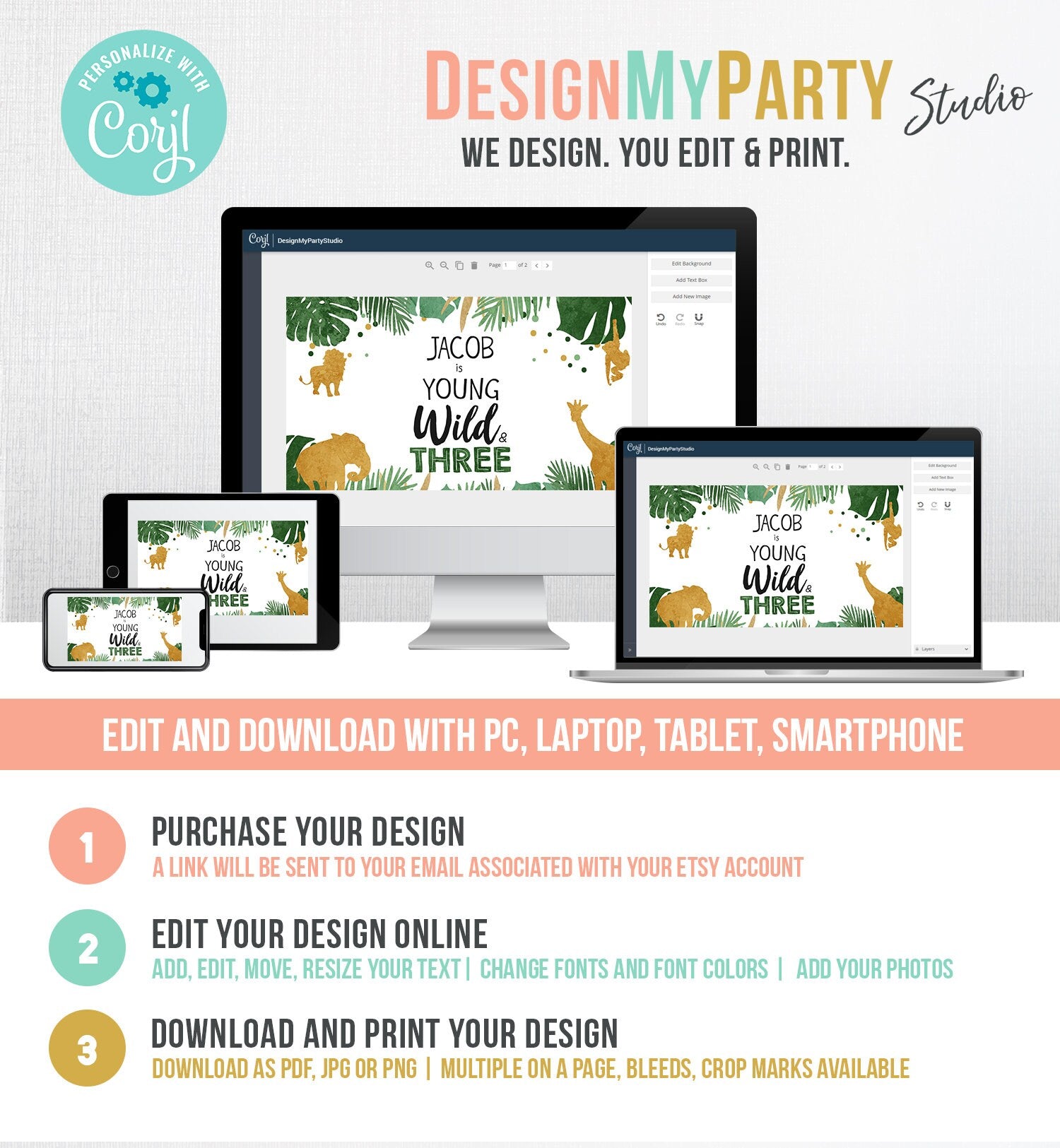 Editable Safari Animals Birthday Gable Gift Box Labels Party Animals Gold Green Young Wild and Three Jungle Boy Download Digital Corjl 0016