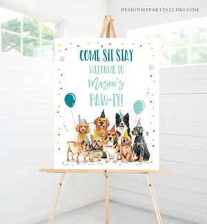 Editable Puppy Dog Birthday Party Welcome Sign Puppy Birthday Blue Pet Dog Birthday Come Sit Stay Paw-ty Boy Template Corjl PRINTABLE 0384