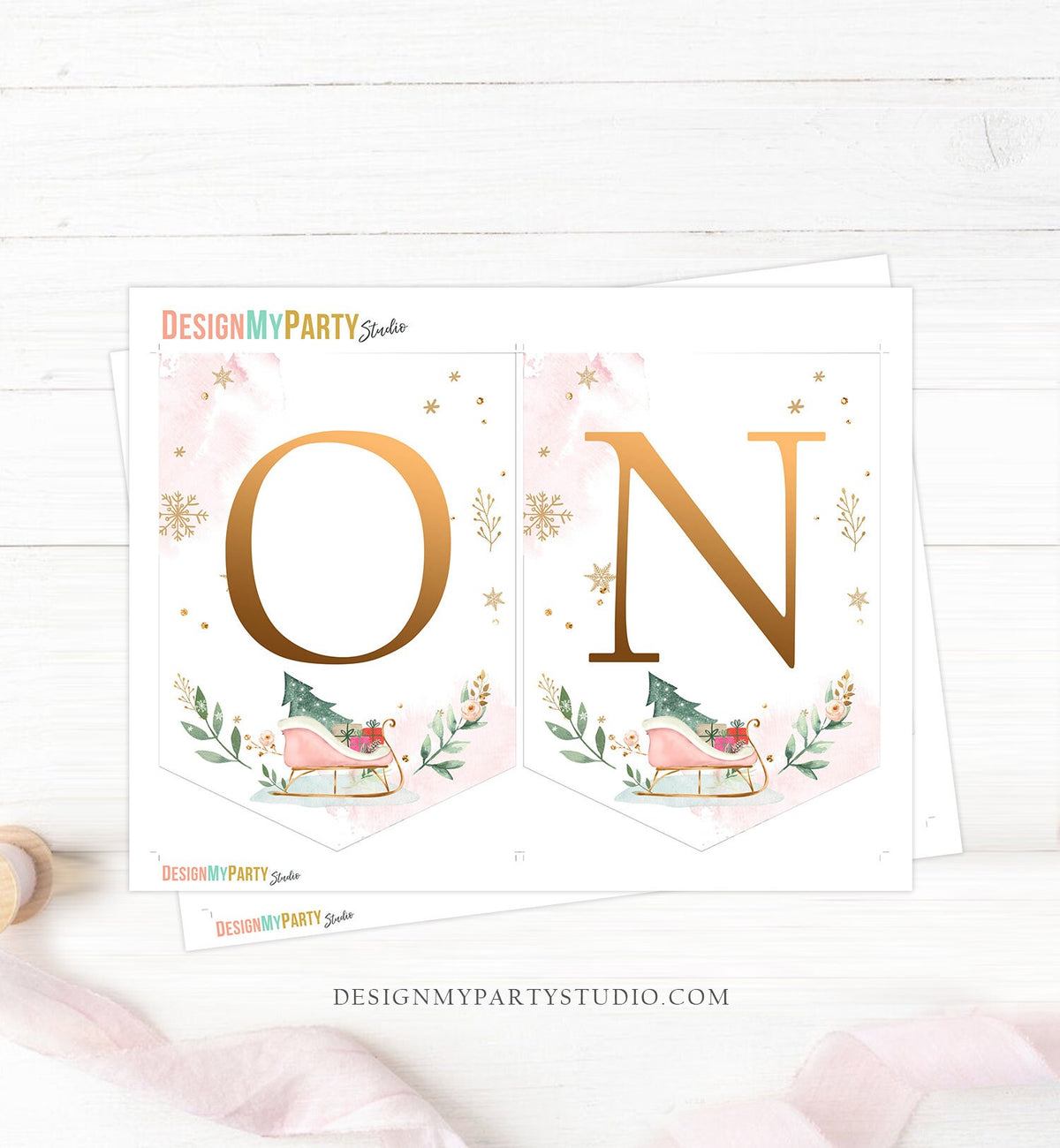 One High Chair Banner Winter Onederland Girl 1st First Birthday Pink Christmas Birthday Oh What Fun ONE Sleigh Decor Digital Printable 0353