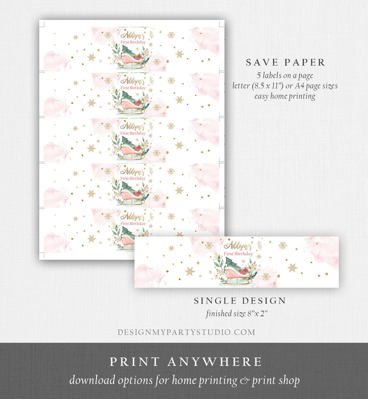 Editable Winter Water Bottle Labels Winter Onederland Party Decor Girl Birthday Sleigh Pink Christmas Digital Template Printable 0353