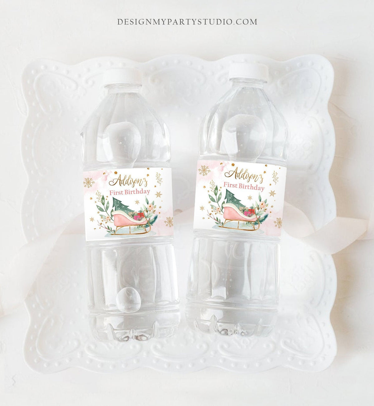 Editable Winter Water Bottle Labels Winter Onederland Party Decor Girl Birthday Sleigh Pink Christmas Digital Template Printable 0353