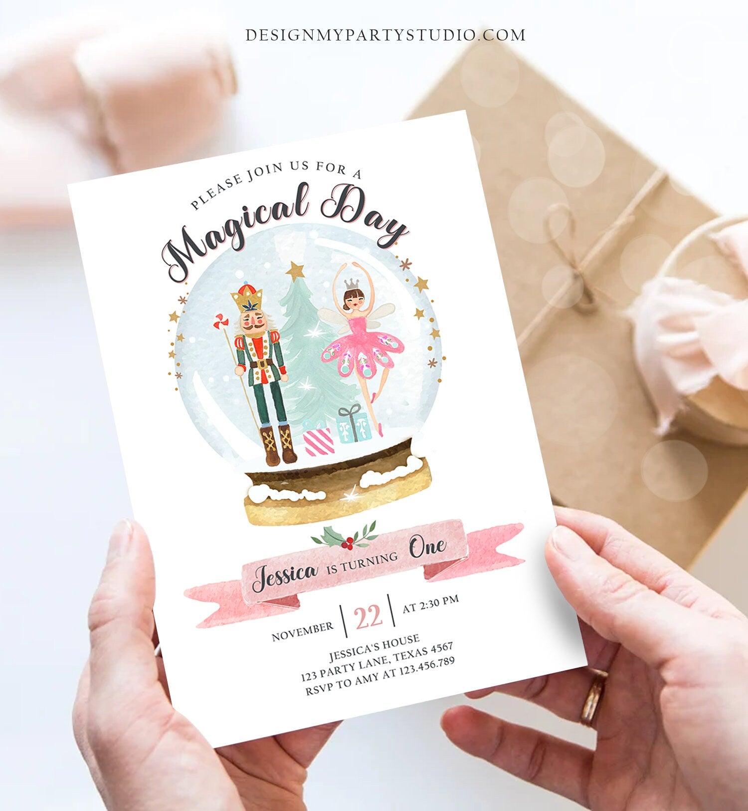 Editable Nutcracker Birthday Invitation Girl Land of Sweets Invite Winter Pink Girl Sugar Plum Fairy Download Printable Template Corjl 0352