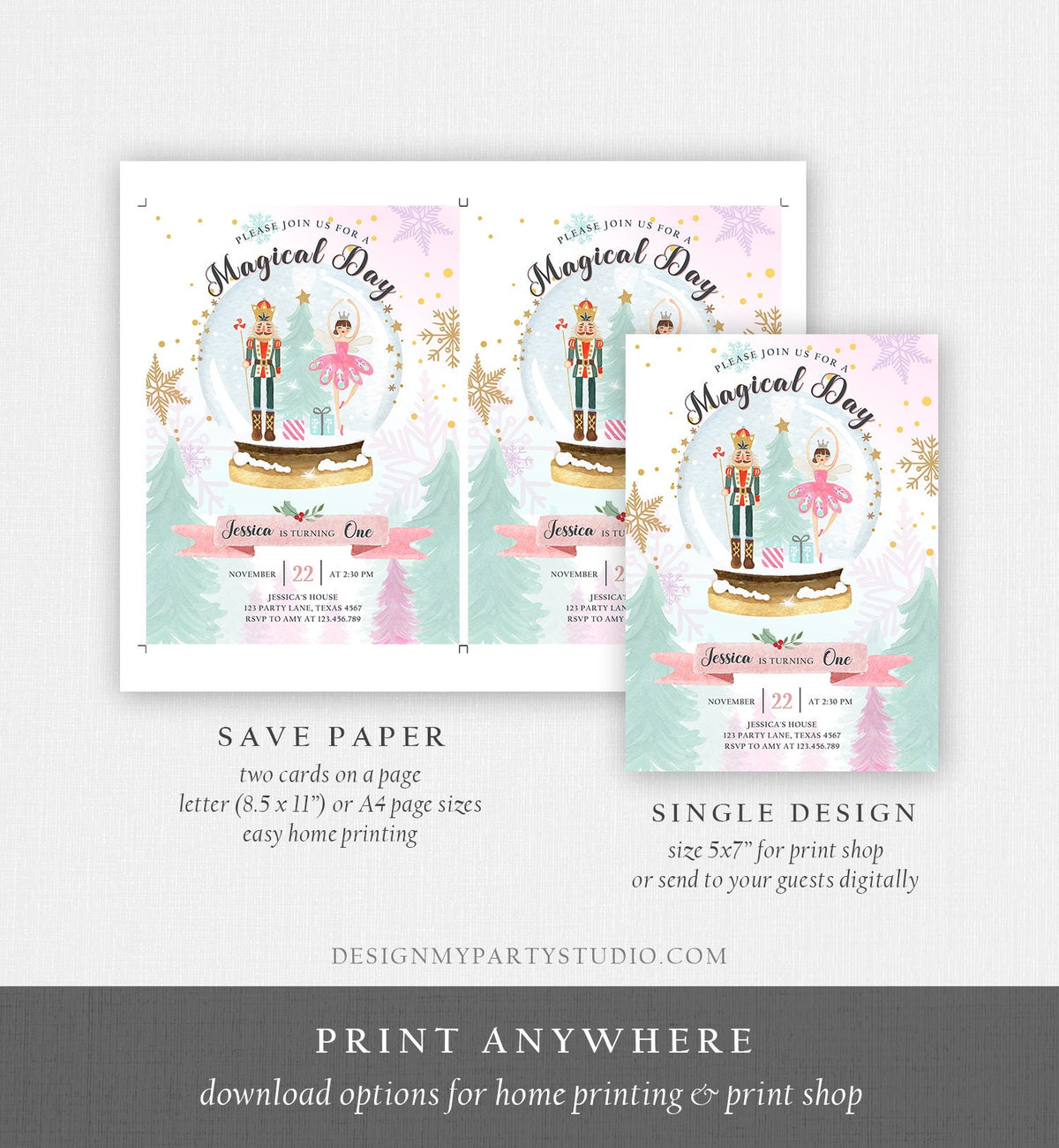 Editable Nutcracker Birthday Invitation Girl Land of Sweets Winter Pink Girl Sugar Plum Fairy Digital Download Evite Template Printable 0352