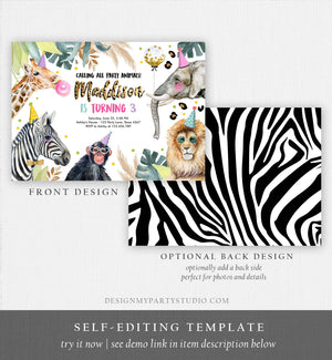 Editable Party Animals Birthday Invitation Leopard Print Safari Animals Zoo Birthday Party Girl Pink Download Printable Template Corjl 0417