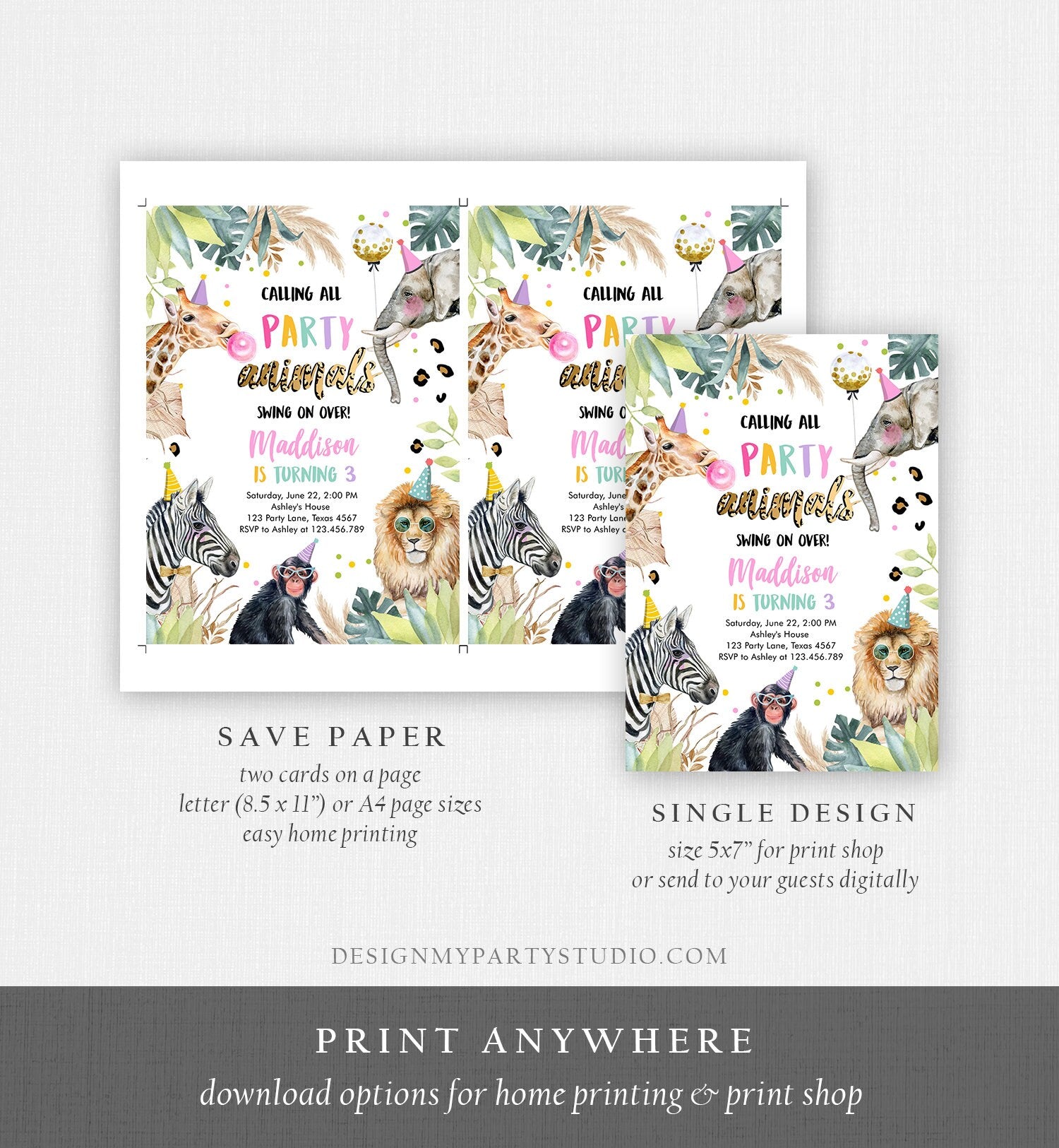 Editable Party Animals Birthday Invitation Leopard Print Safari Animals Zoo Birthday Party Girl Pink Download Printable Template Evite 0417