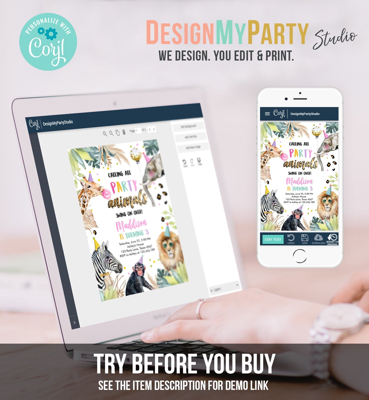 Editable Party Animals Birthday Invitation Leopard Print Safari Animals Zoo Birthday Party Girl Pink Download Printable Template Evite 0417