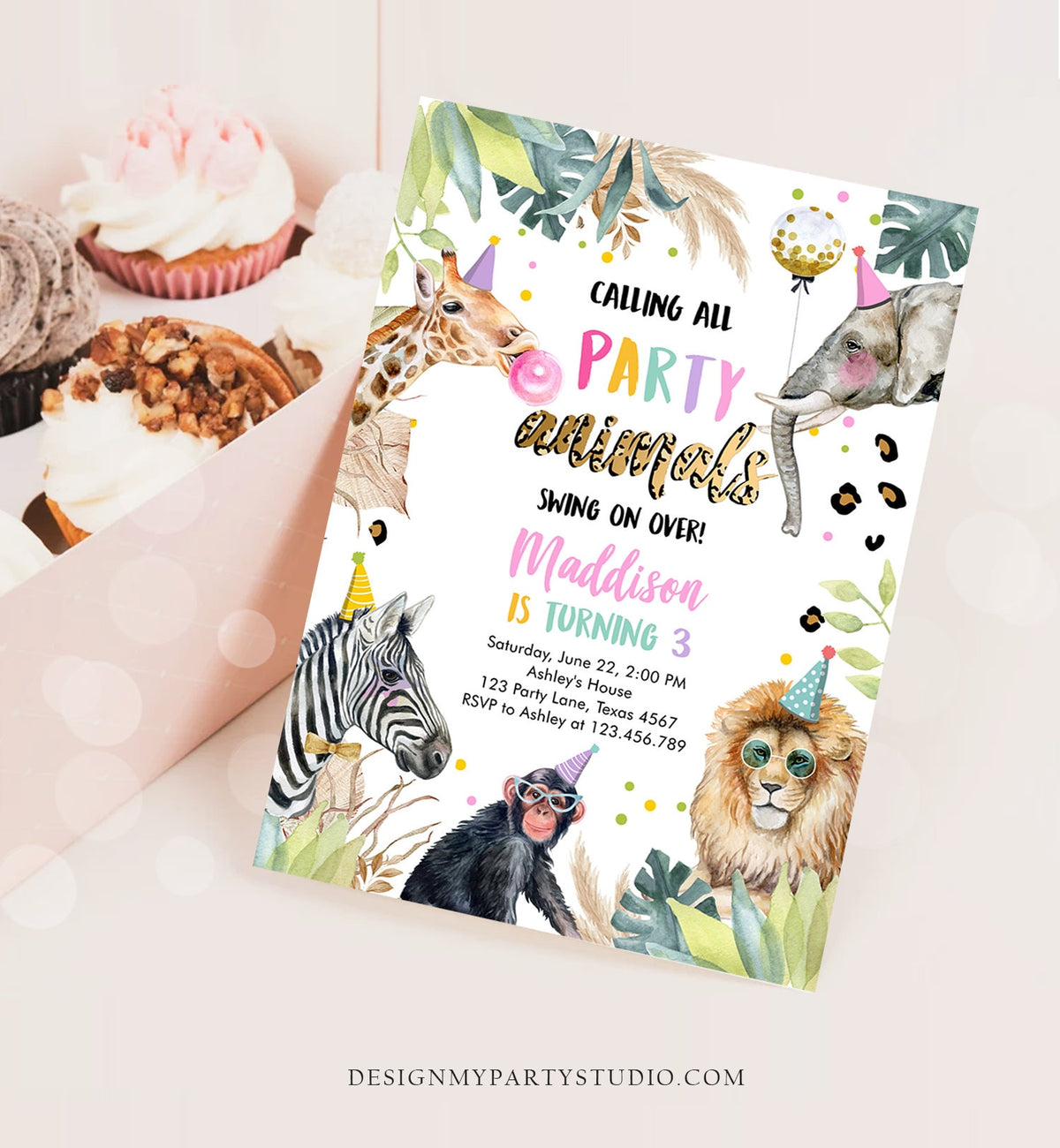 Editable Party Animals Birthday Invitation Leopard Print Safari Animals Zoo Birthday Party Girl Pink Download Printable Template Evite 0417