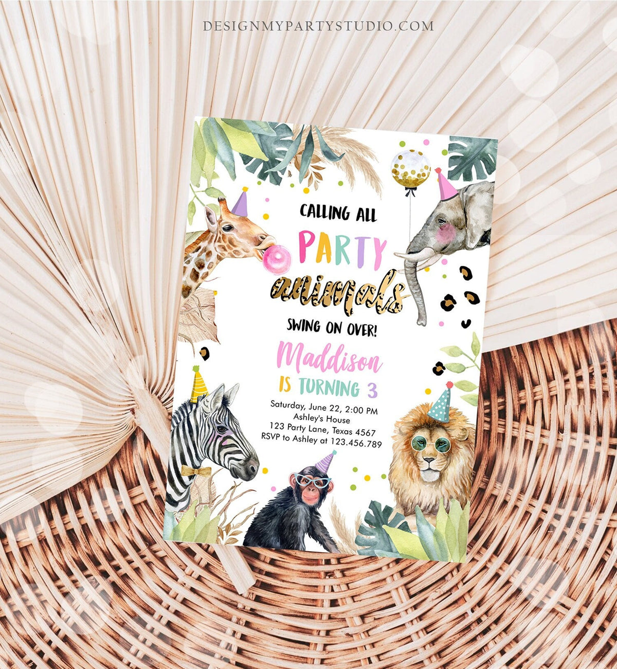 Editable Party Animals Birthday Invitation Leopard Print Safari Animals Zoo Birthday Party Girl Pink Download Printable Template Evite 0417