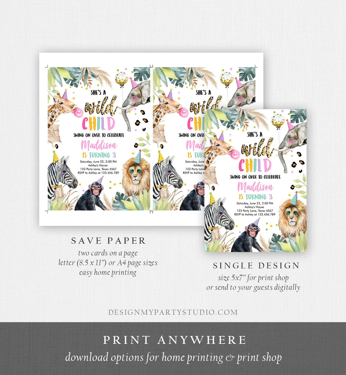 Editable Wild Child Birthday Invitation Leopard Print Safari Animals Birthday Party Animals Girl Digital Download Template Printable 0417