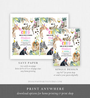 Editable Wild Child Birthday Invitation Leopard Print Safari Animals Zoo Birthday Party Animals Girl Download Printable Template Corjl 0417