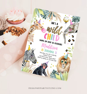 Editable Wild Child Birthday Invitation Leopard Print Safari Animals Zoo Birthday Party Animals Girl Download Printable Template Corjl 0417