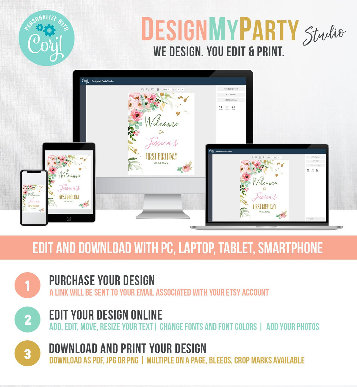 Editable Floral Welcome Sign First Birthday Little Miss Onederful Peach Pink Gold Peonies Baby Shower 16x20 Digital Template Printable 0147