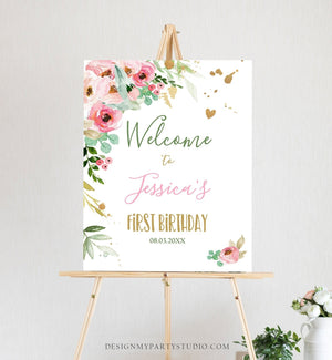 Editable Floral Welcome Sign First Birthday Little Miss Onederful Peach Pink Gold Peonies Baby Shower 16x20 Corjl Template 0147