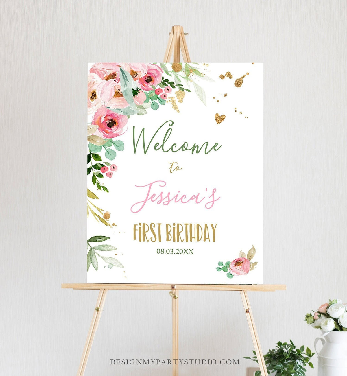Editable Floral Welcome Sign First Birthday Little Miss Onederful Peach Pink Gold Peonies Baby Shower 16x20 Digital Template Printable 0147