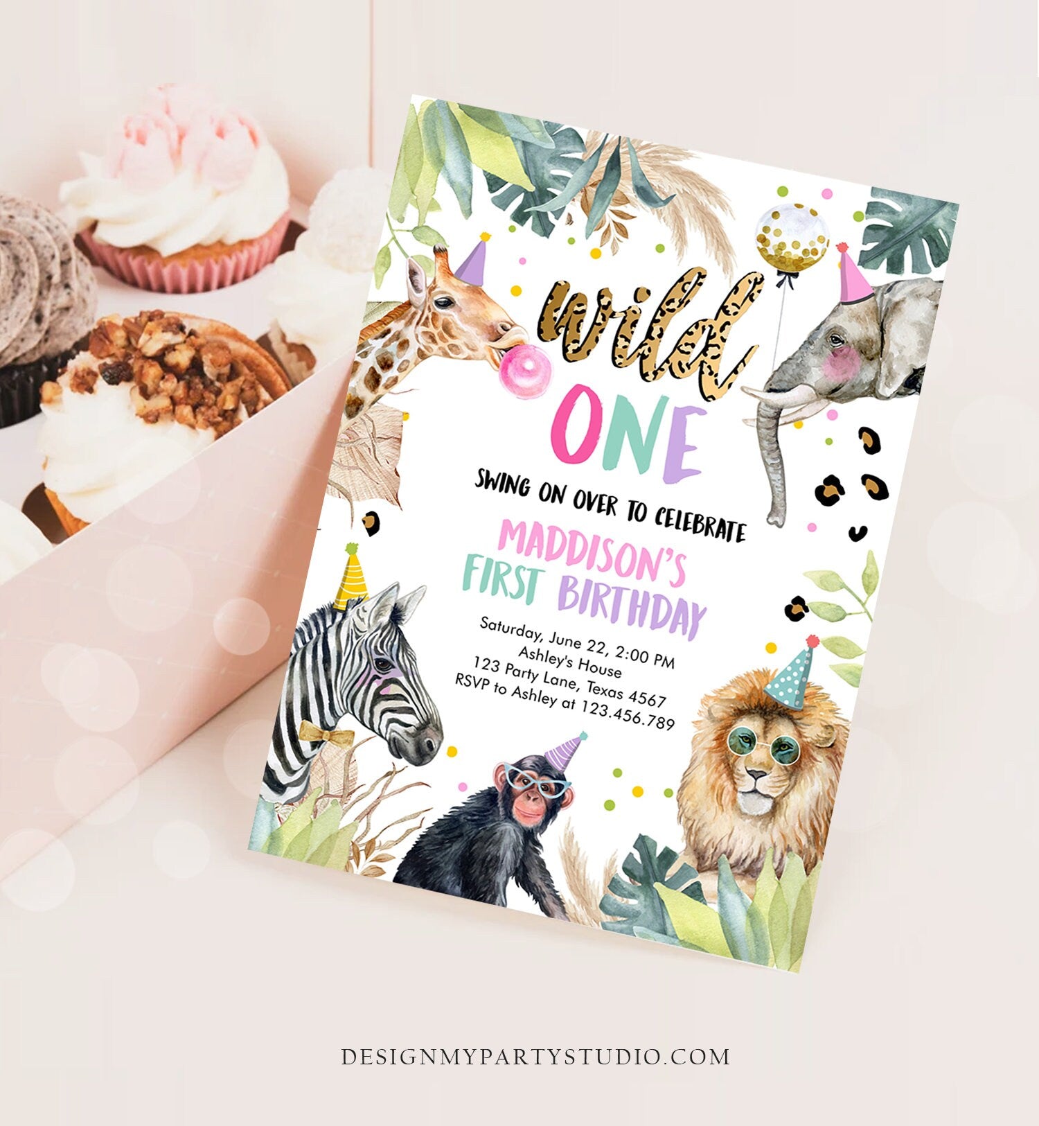 Editable Wild One Birthday Invitation Leopard Print Safari Animals Zoo 1st Birthday Party Animals Download Printable Template Corjl 0417