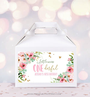 Editable Little Miss Onederful Gable Gift Box Label 1st Birthday Girl Treat Box Label Floral Pink Gold Wild Download Printable Corjl 0147