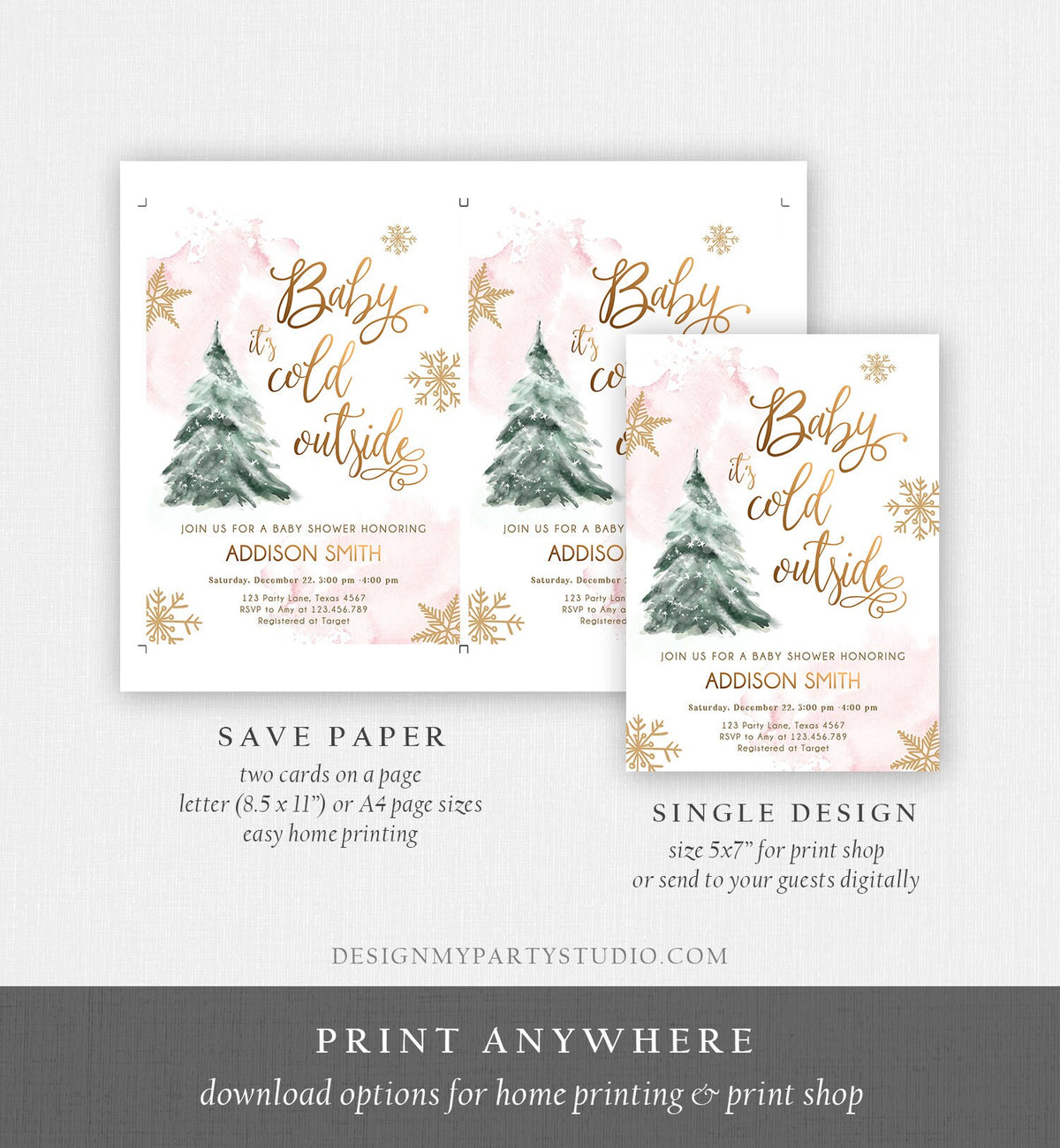 Editable Baby Its Cold Outside Baby Shower Invitation Winter Baby Shower Girl Blush Pink Gold Watercolor Tree Template Download Corjl 0363