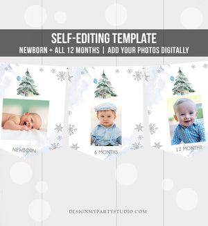 Editable Winter Onederland First Birthday Banner Monthly Photo Banner 1st Tree Watercolor Snow Blue Boy Corjl Template Printable 0363