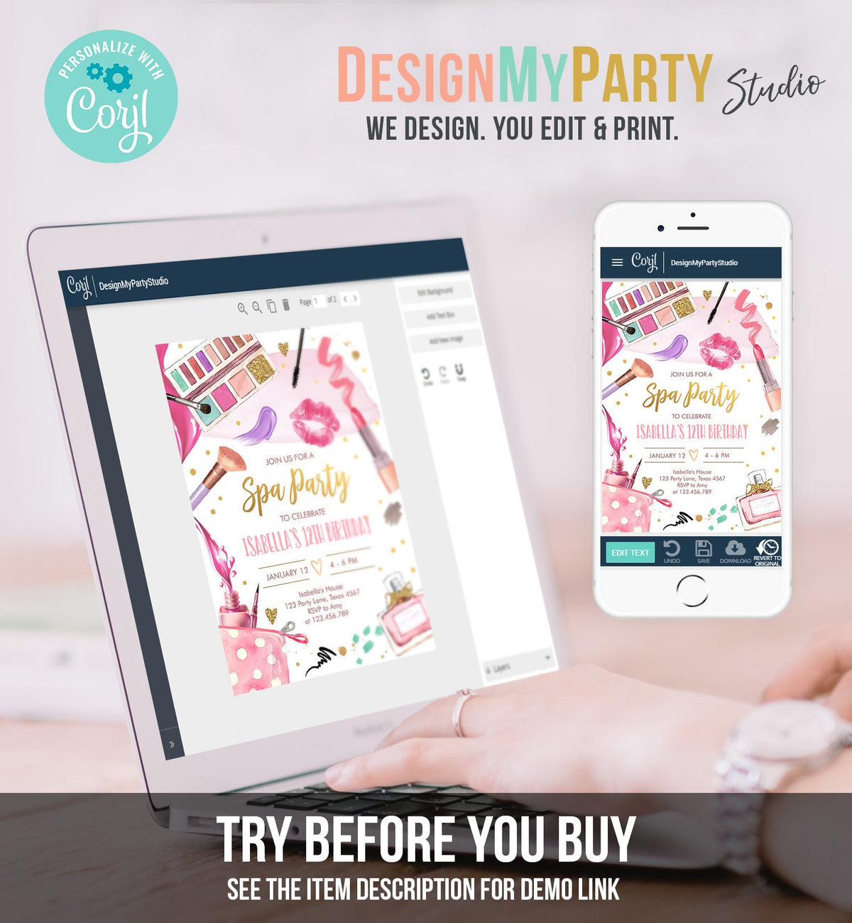 Editable Spa Makeup Birthday Invitation Glam Party Girl Birthday Tween Spa Party Invite Pink Gold Download Printable Template Corjl 0420