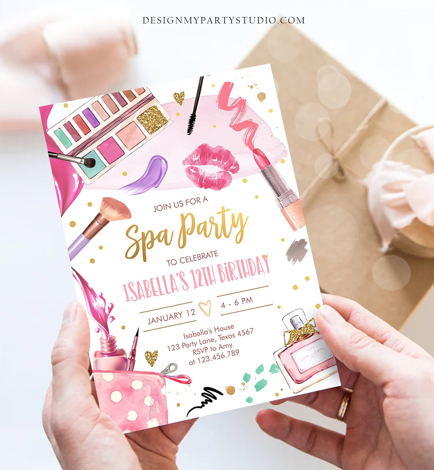 Editable Spa Makeup Birthday Invitation Glam Party Girl Birthday Tween Spa Party Invite Pink Gold Download Printable Template Corjl 0420
