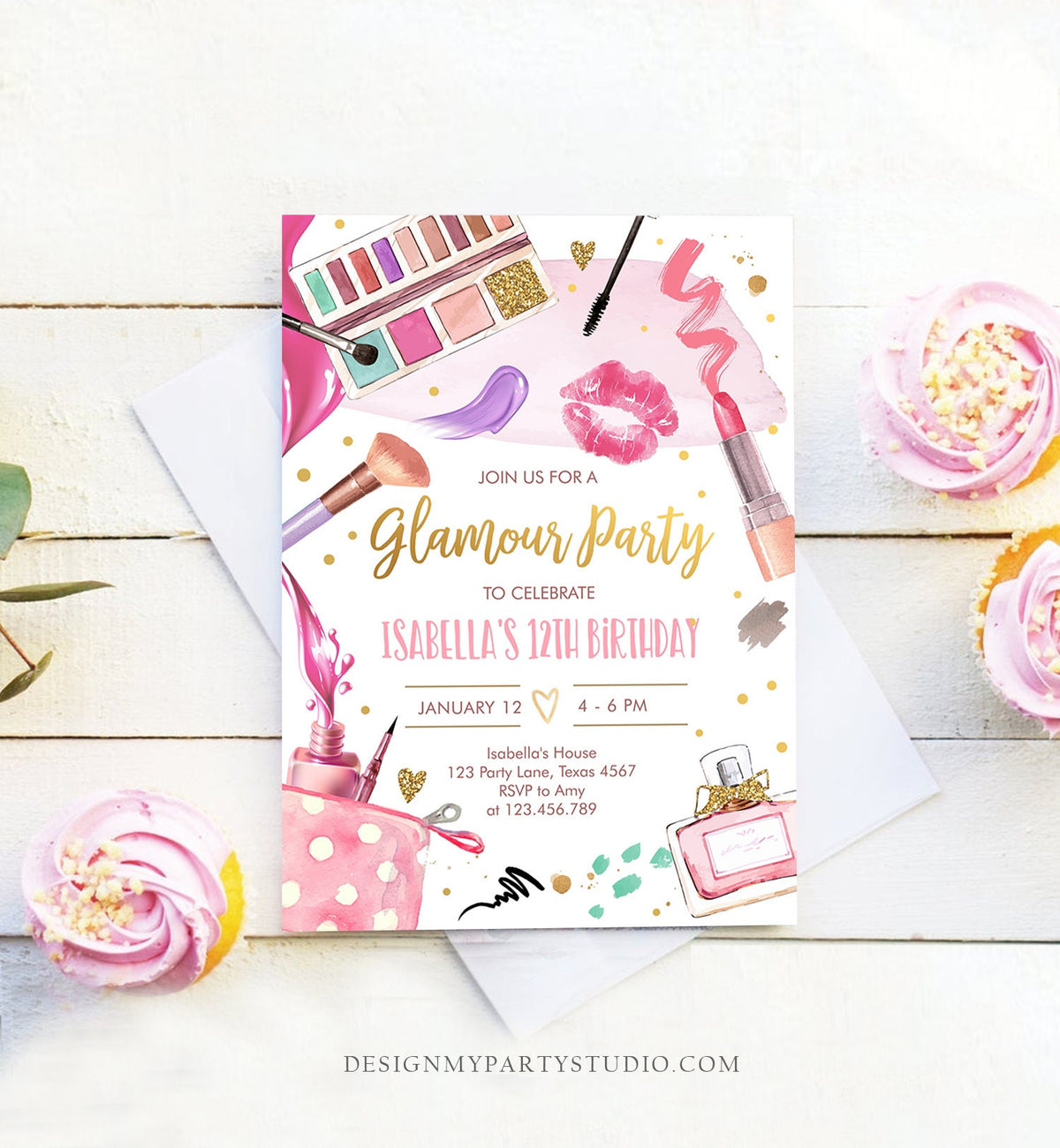 Editable Glamour Birthday Party Glitters and Glamour Spa Makeup Birthday Invitation Pink Gold Girl Download Printable Template Corjl 0420