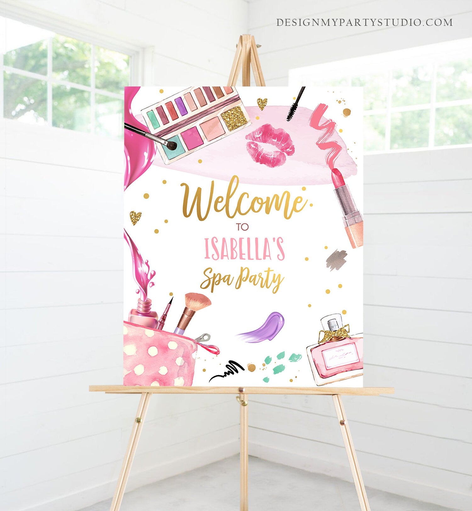 Editable Spa Party Birthday Welcome Sign Glamour Party Spa Birthday Decor Girl Pink and Gold Makeup Party Template Corjl PRINTABLE 0420