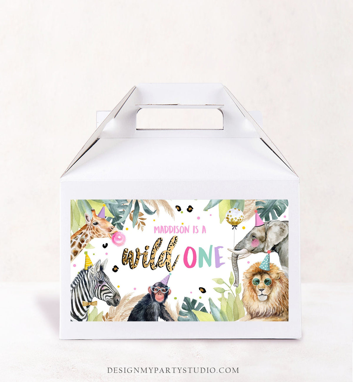 Editable Party Animals Gable Box Label Safari Animals Birthday Gift Box Zoo Birthday Pink Girl Digital Download Template Printable 0417