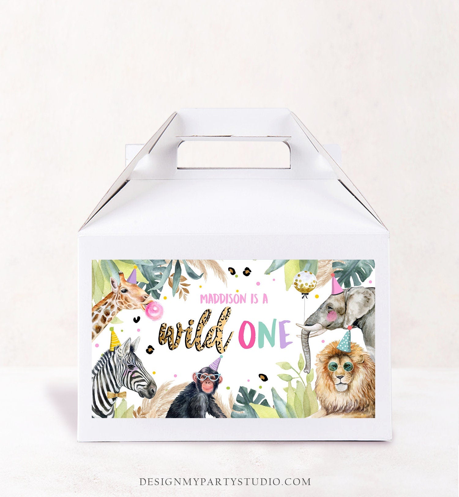 Editable Party Animals Gable Box Label Safari Animals Birthday Gift Box Zoo Birthday Pink Girl Digital Download Template Printable 0417