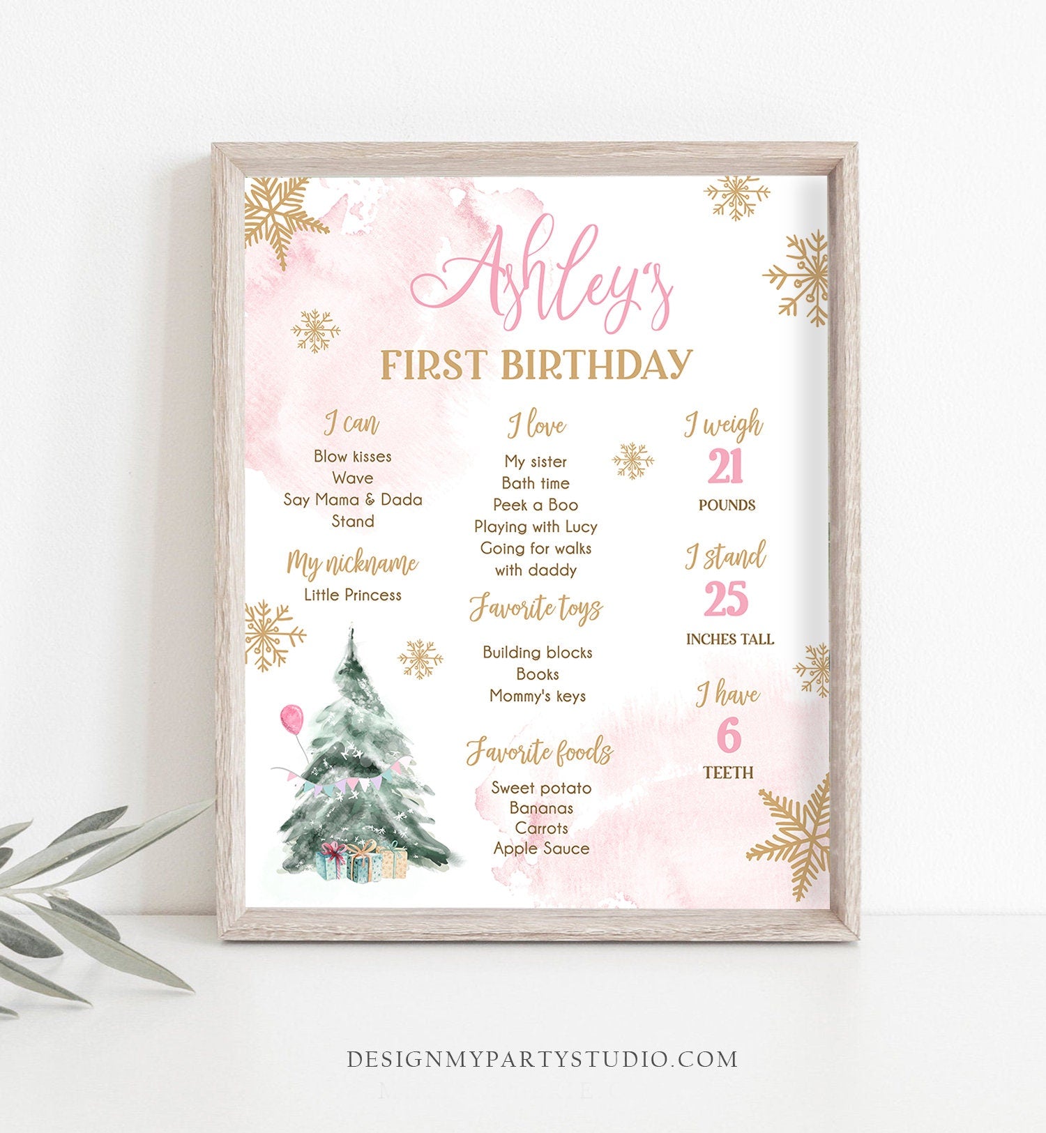 Editable Winter Tree Birthday Milestones Sign Winter Onederland Watercolor First Birthday Girl Gold Pink Digital Template Printable 0363