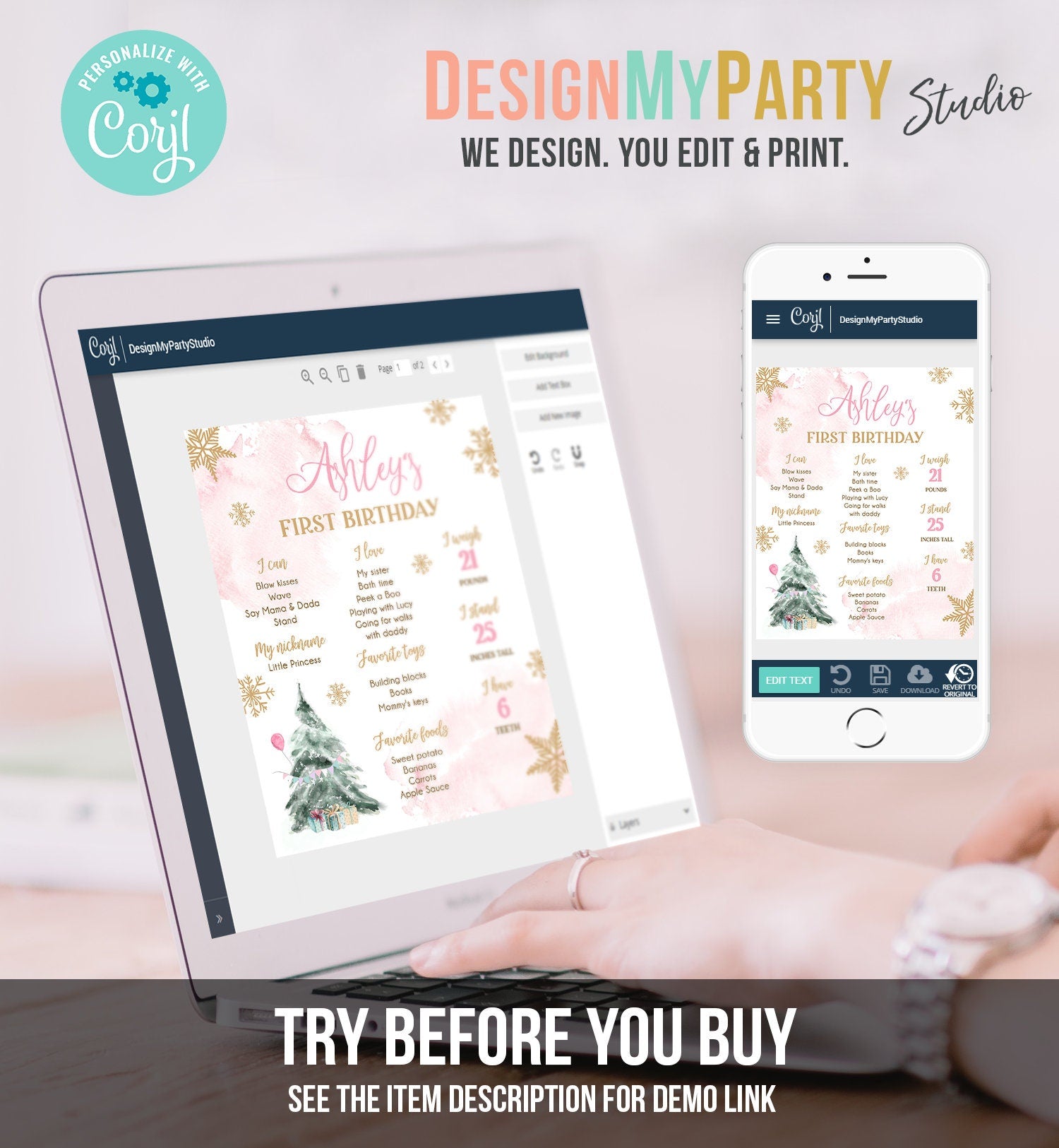 Editable Winter Tree Birthday Milestones Sign Winter Onederland Watercolor First Birthday Girl Gold Pink Digital Template Printable 0363