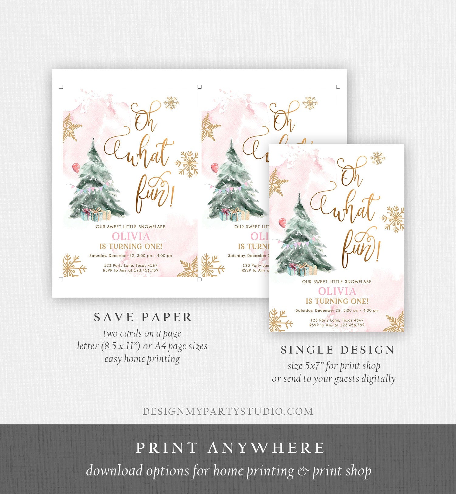 Editable Oh What Fun! Holiday 1st Winter Birthday Invitation Winter Christmas Party Tree Girl Pink Gold Digital Template Printable 0363