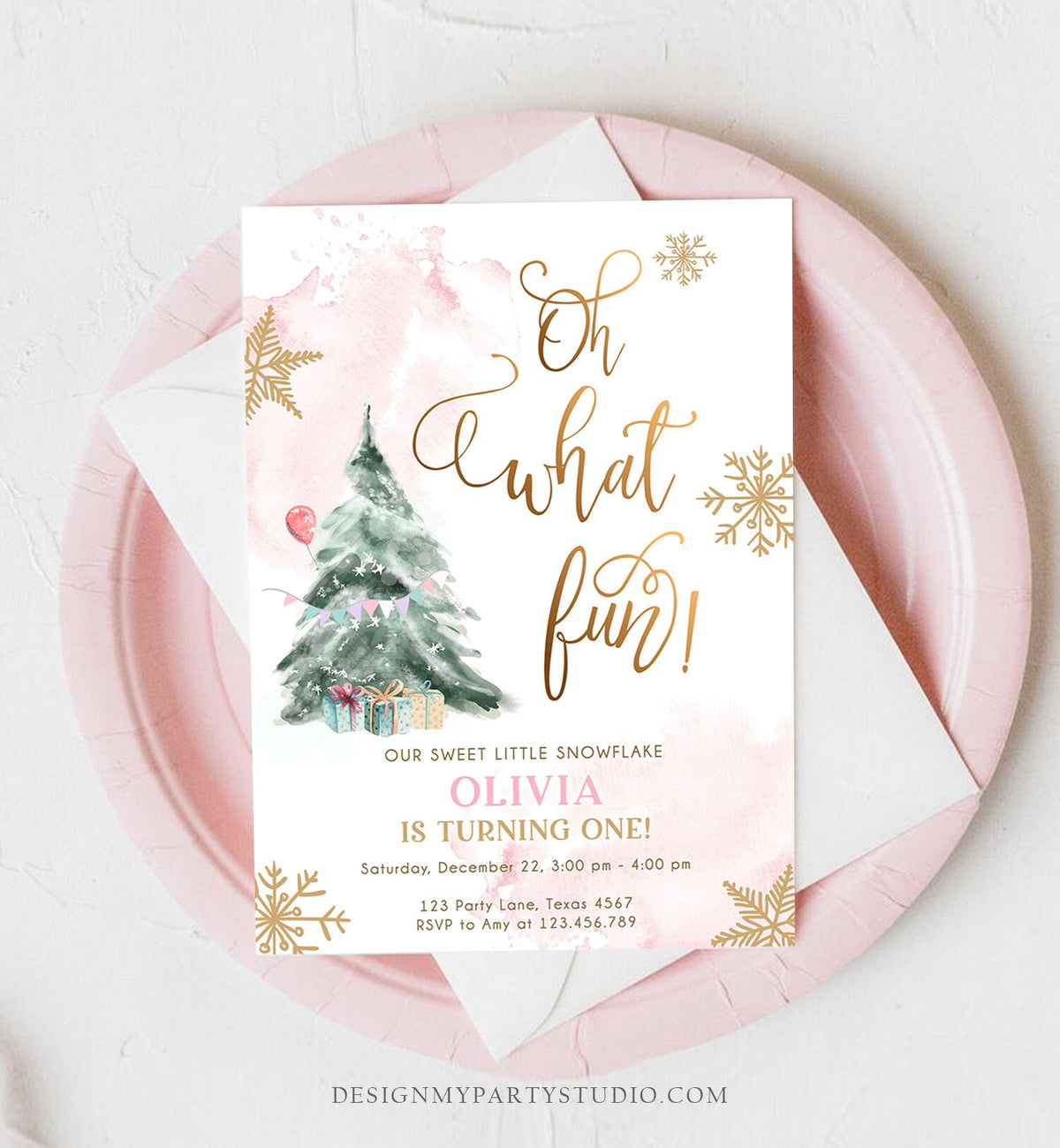 Editable Oh What Fun! Holiday 1st Winter Birthday Invitation Winter Christmas Party Tree Girl Pink Gold Digital Template Printable 0363