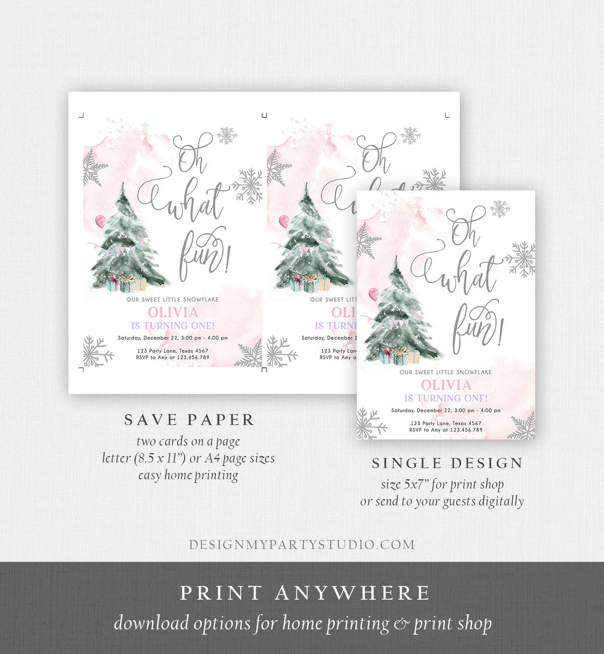 Editable Oh What Fun! Holiday 1st Winter Birthday Invitation Winter Christmas Party Winter Tree Girl Pink Silver Printable Template DIY 0363