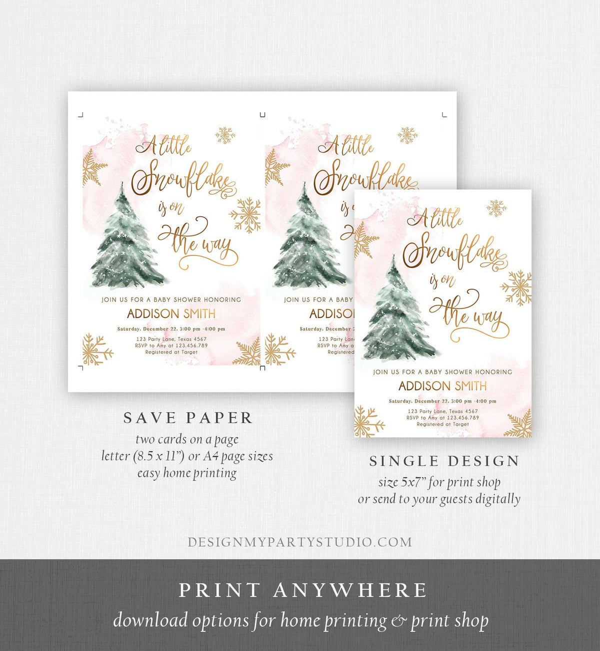 Editable A Little Snowflake is on the Way Baby Shower Invitation Winter Girl Blush Pink Snow Watercolor Tree Download Corjl Template 0363