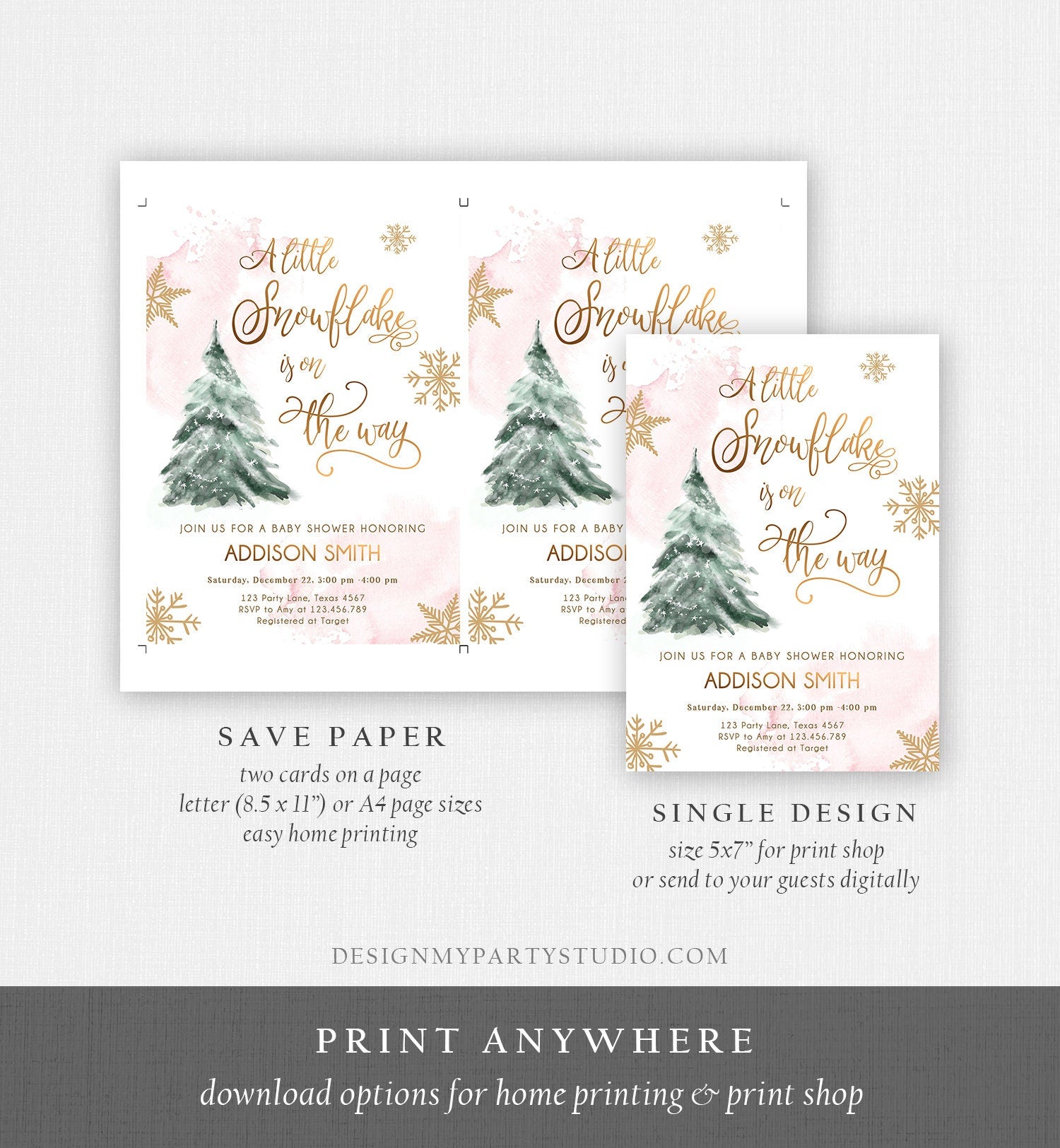 Editable A Little Snowflake is on the Way Baby Shower Invitation Winter Girl Blush Pink Snow Watercolor Tree Download Corjl Template 0363
