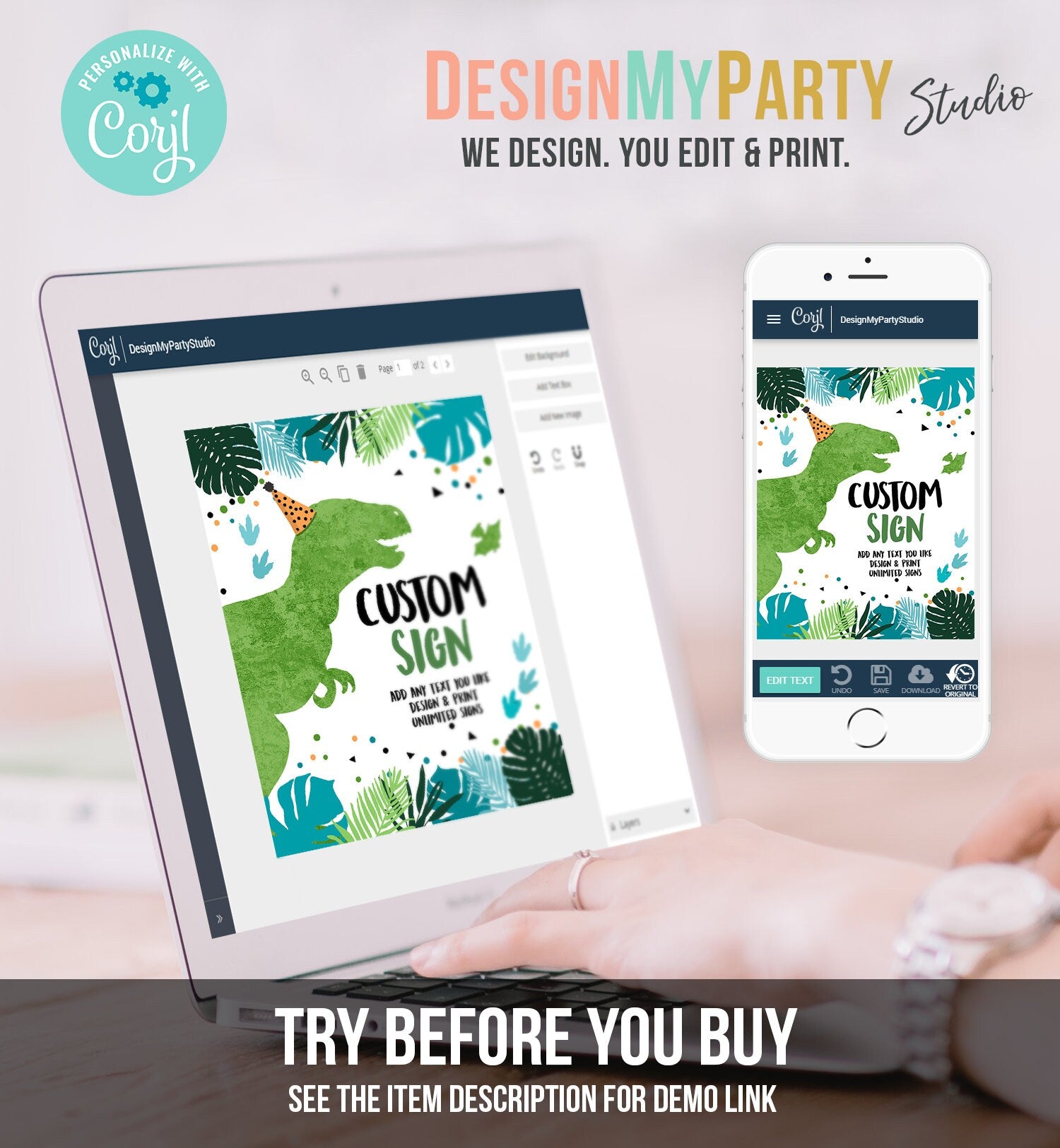 Editable Custom Dinosaur Birthday Sign Decor Dino Party Table Sign Blue Green Boy 8x10 T-Rex Party Three Rex Digital Template Printable 0389