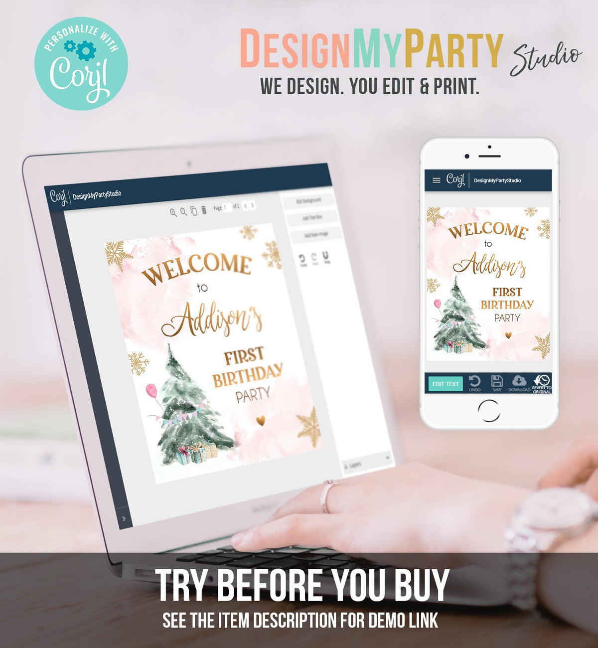 Editable Winter Onederland Welcome Sign Tree Watercolor First Birthday Girl Pink Snowflake Wonderland Digital Template Printable 0363