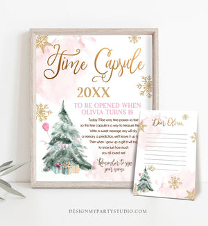 Editable Winter Onederland Time Capsule Winter First Birthday Party Girl Snowflake One 1st Pink Gold Guestbook Template Printable Corjl 0363