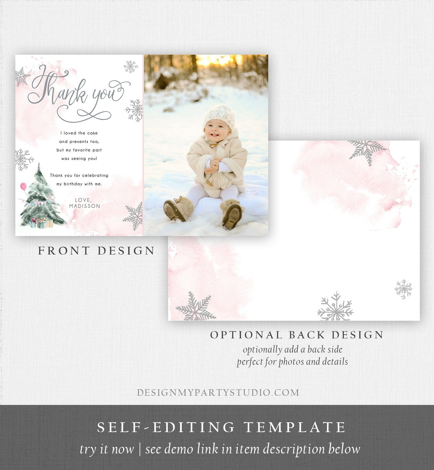 Editable Winter Tree Thank You Card Watercolor Birthday Winter Onederland Pink Girl Christmas Snow Snowflake Digital Template Printable 0363