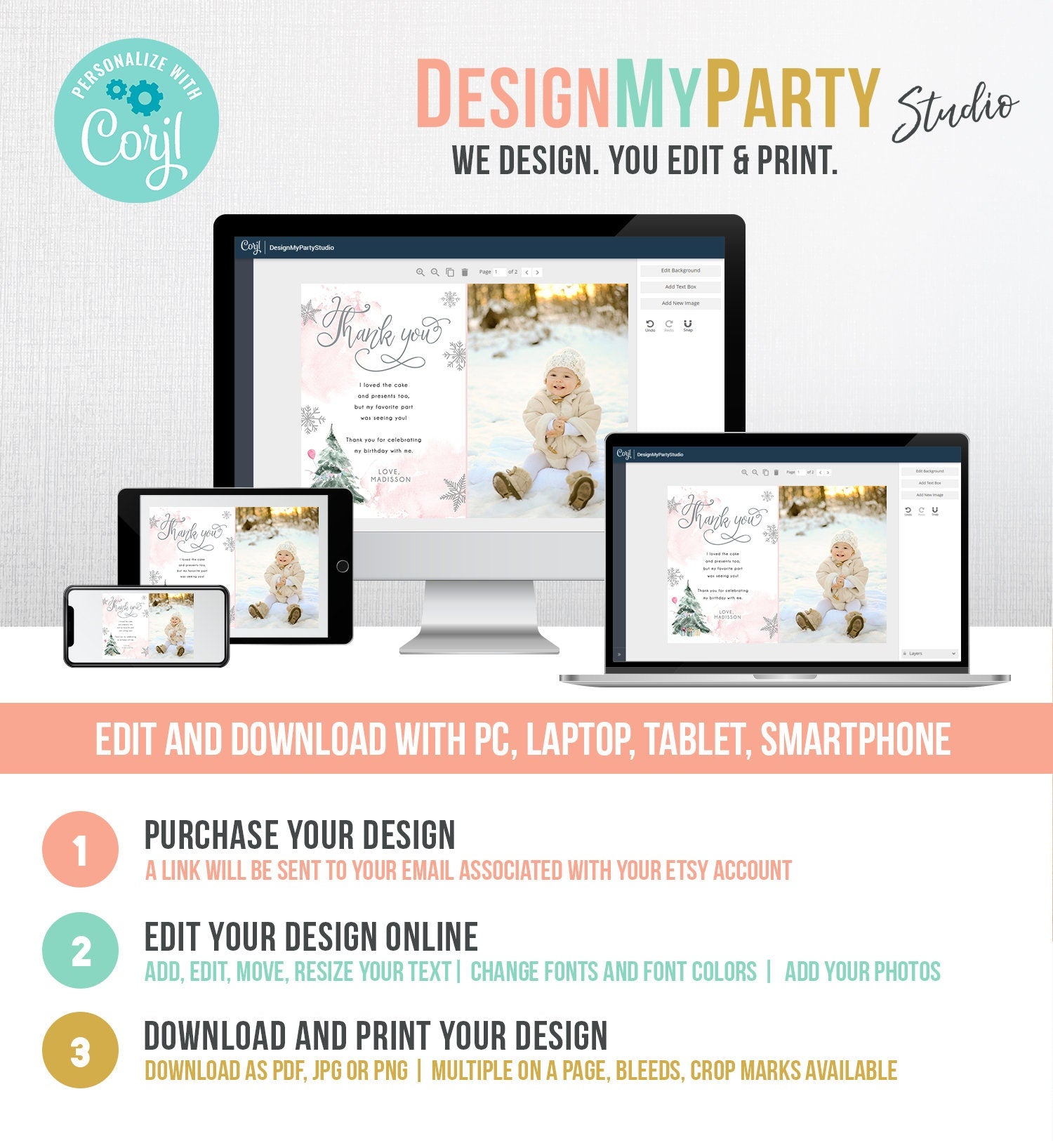 Editable Winter Tree Thank You Card Watercolor Birthday Winter Onederland Pink Girl Christmas Snow Snowflake Digital Template Printable 0363