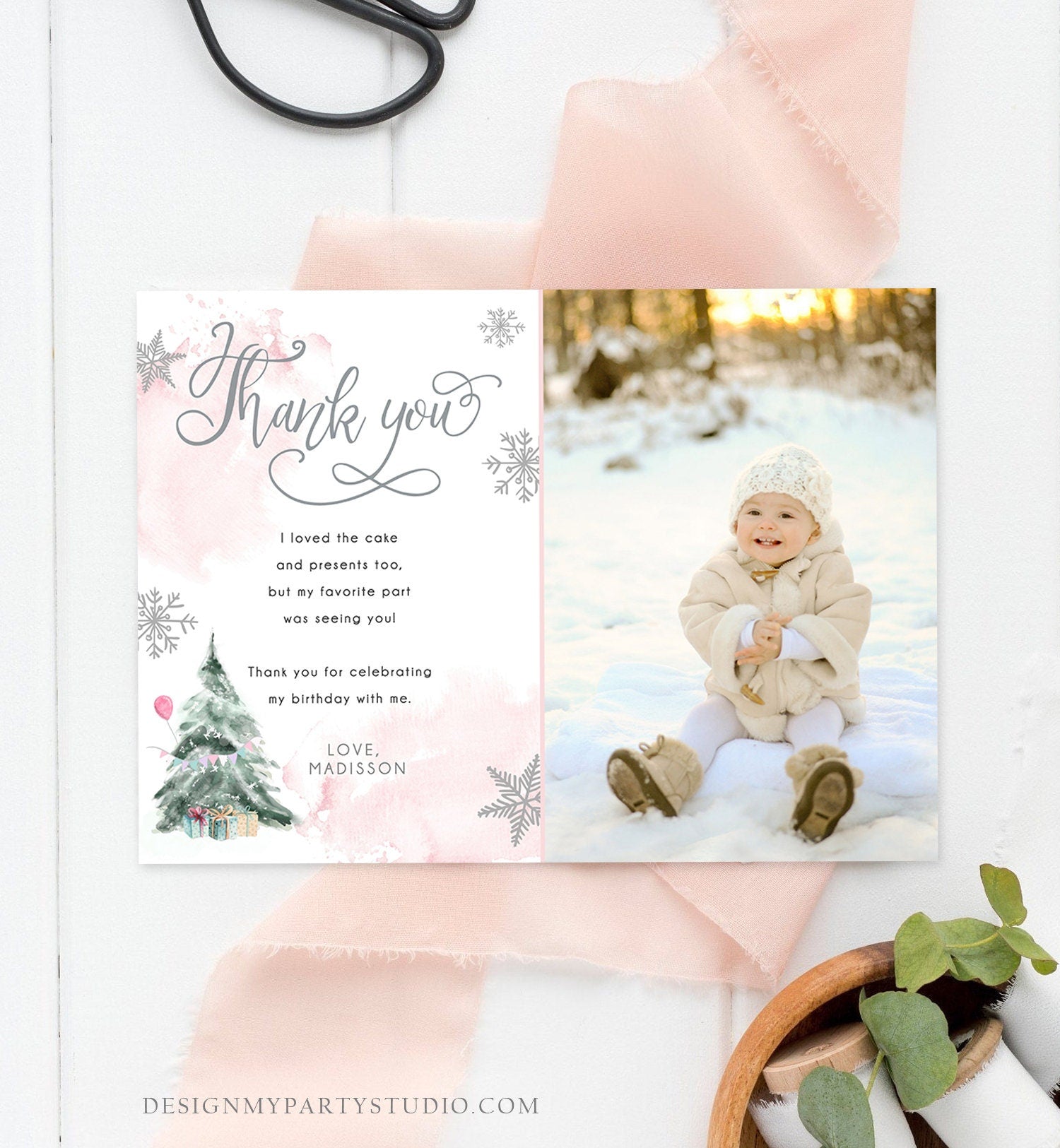 Editable Winter Tree Thank You Card Watercolor Birthday Winter Onederland Pink Girl Christmas Snow Snowflake Digital Template Printable 0363