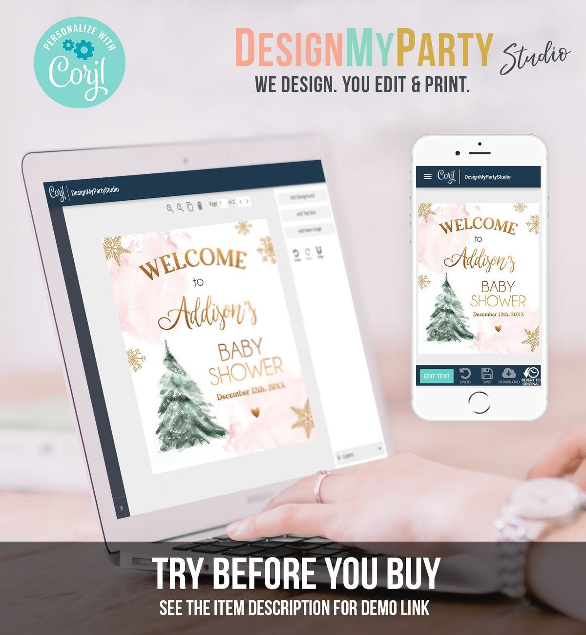 Editable Winter Tree Welcome Sign Tree Watercolor Baby Shower Girl Baby It&#39;s Cold Outside Snowflake Pink Gold Corjl Template Printable 0363