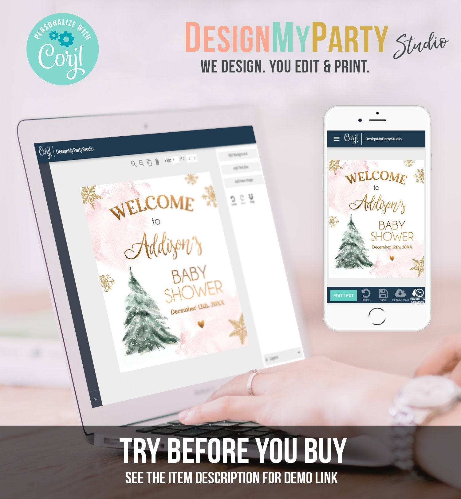 Editable Winter Tree Welcome Sign Tree Watercolor Baby Shower Girl Baby It's Cold Outside Snowflake Pink Gold Corjl Template Printable 0363