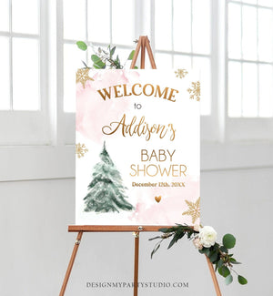 Editable Winter Tree Welcome Sign Tree Watercolor Baby Shower Girl Baby It's Cold Outside Snowflake Pink Gold Corjl Template Printable 0363