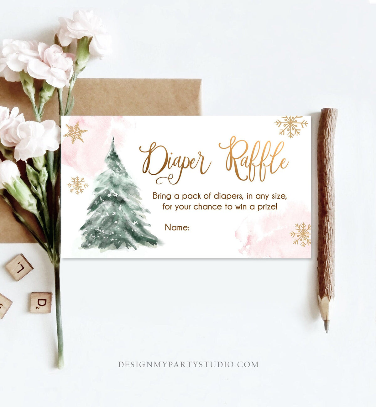 Editable Winter Diaper Raffle Tickets Baby Shower Blush Pink Girl Baby It&#39;s Cold Outside Winter Baby Snowflake Corjl Template Printable 0363