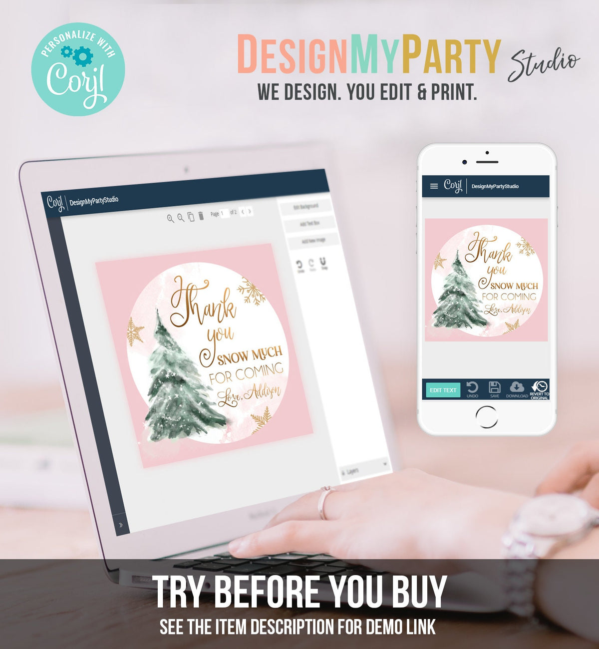 Editable Winter Tree Thank You Tag Winter Onederland Girl Christmas Thank You Snow Much Baby Shower Pink Gold Gift Corjl Printable 0363