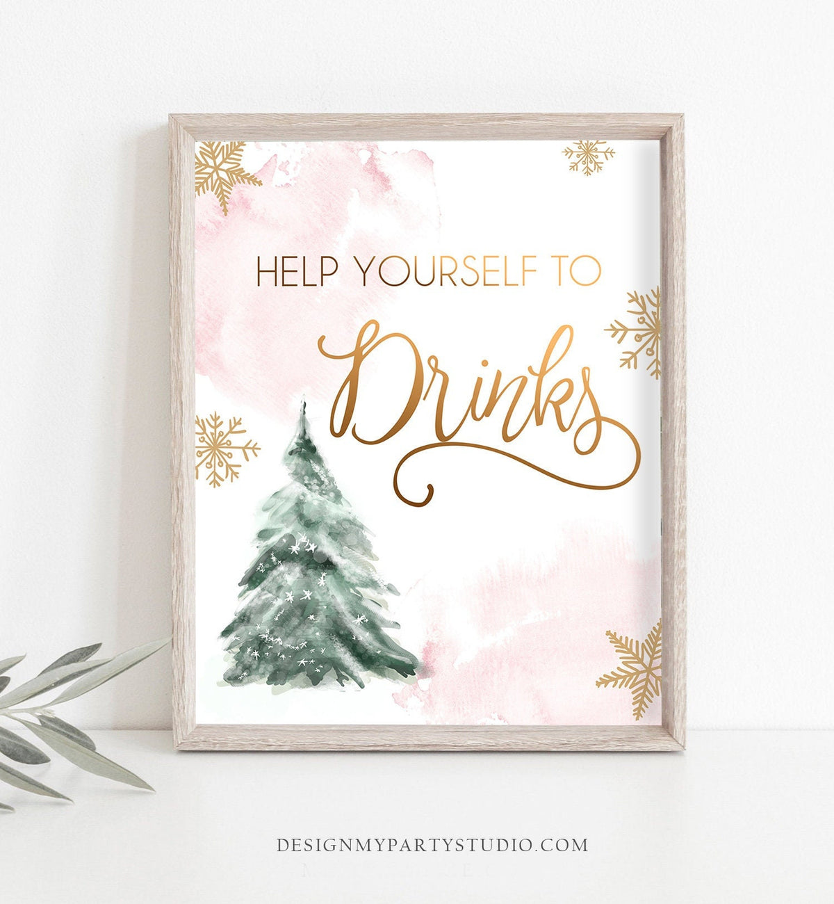 Drinks Sign Winter Baby Shower Sign Decor Winter Birthday Wonderland Girl Pink Gold Drink Table Sign Cold Outside Digital Printable 0363