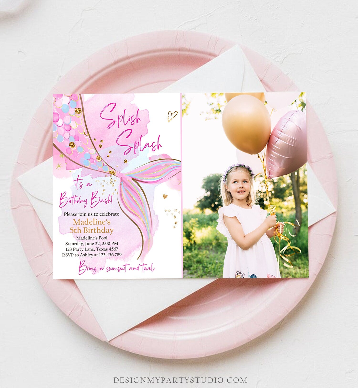 Editable Mermaid Birthday Party Invitation Girl Blush Pink Gold Mermaid Birthday Under The Sea Download Printable Template Corjl 0403