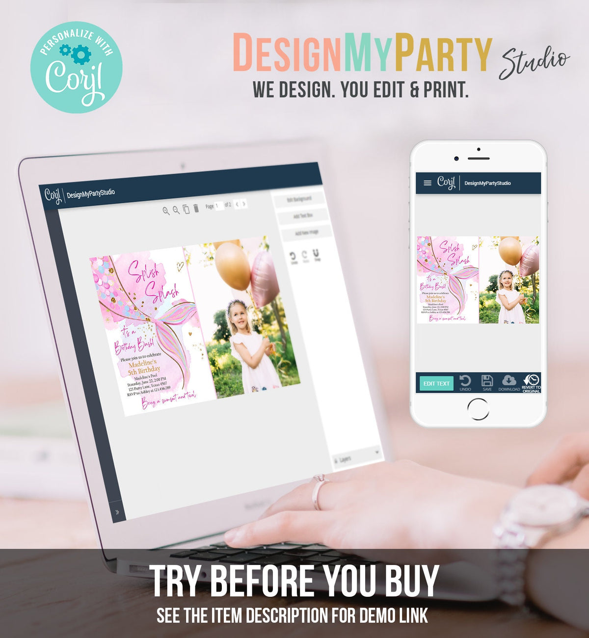 Editable Mermaid Birthday Party Invitation Girl Blush Pink Gold Mermaid Birthday Under The Sea Digital Download Template Printable 0403