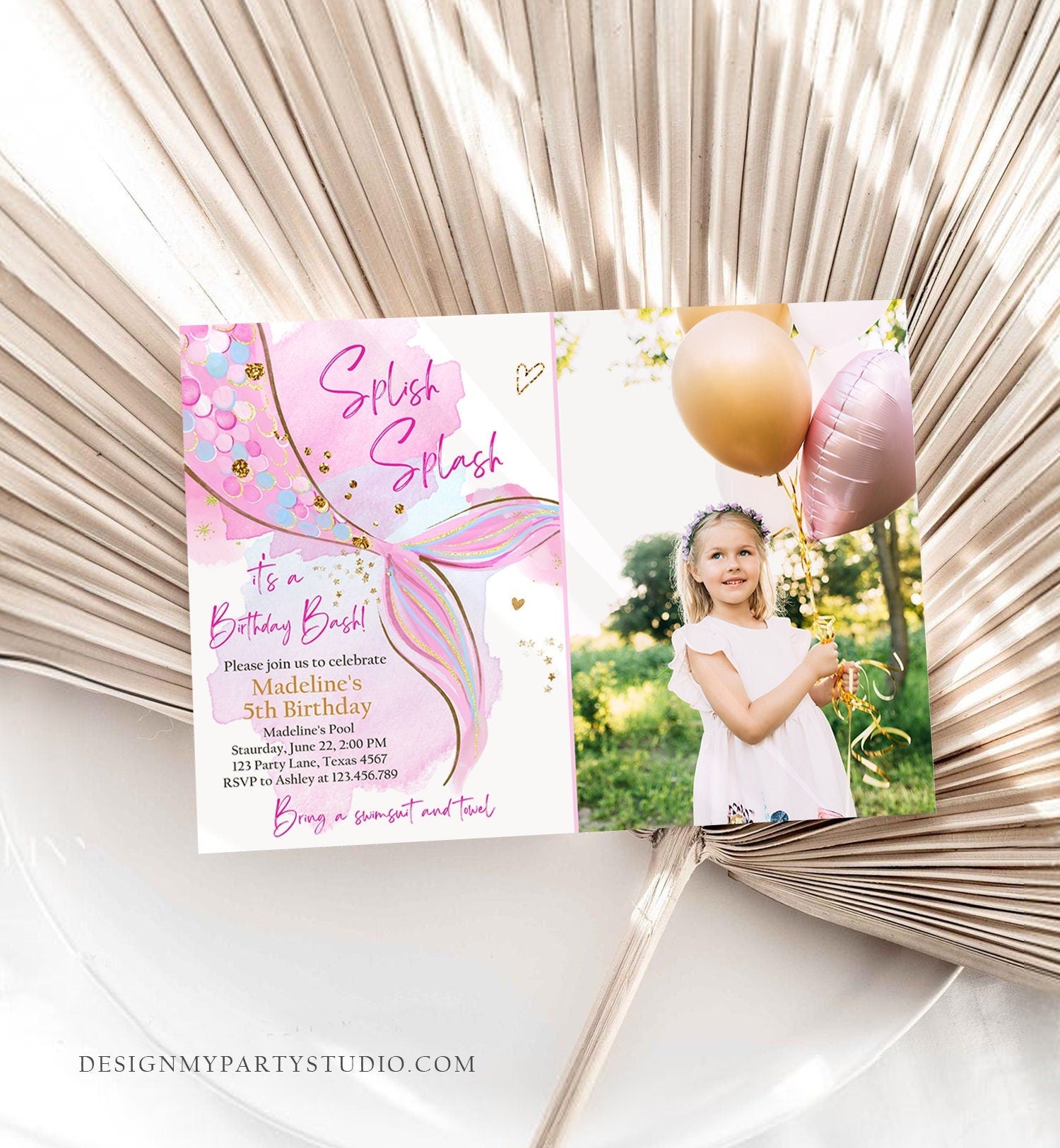 Editable Mermaid Birthday Party Invitation Girl Blush Pink Gold Mermaid Birthday Under The Sea Digital Download Template Printable 0403